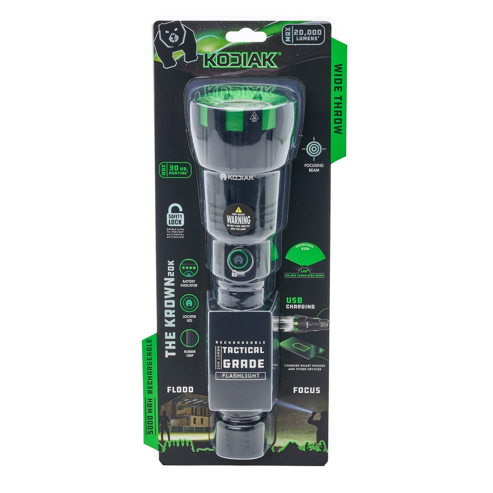 Kodiak® Krown Rechargeable 20000 Lumen Tactical Flashlight with Power Bank