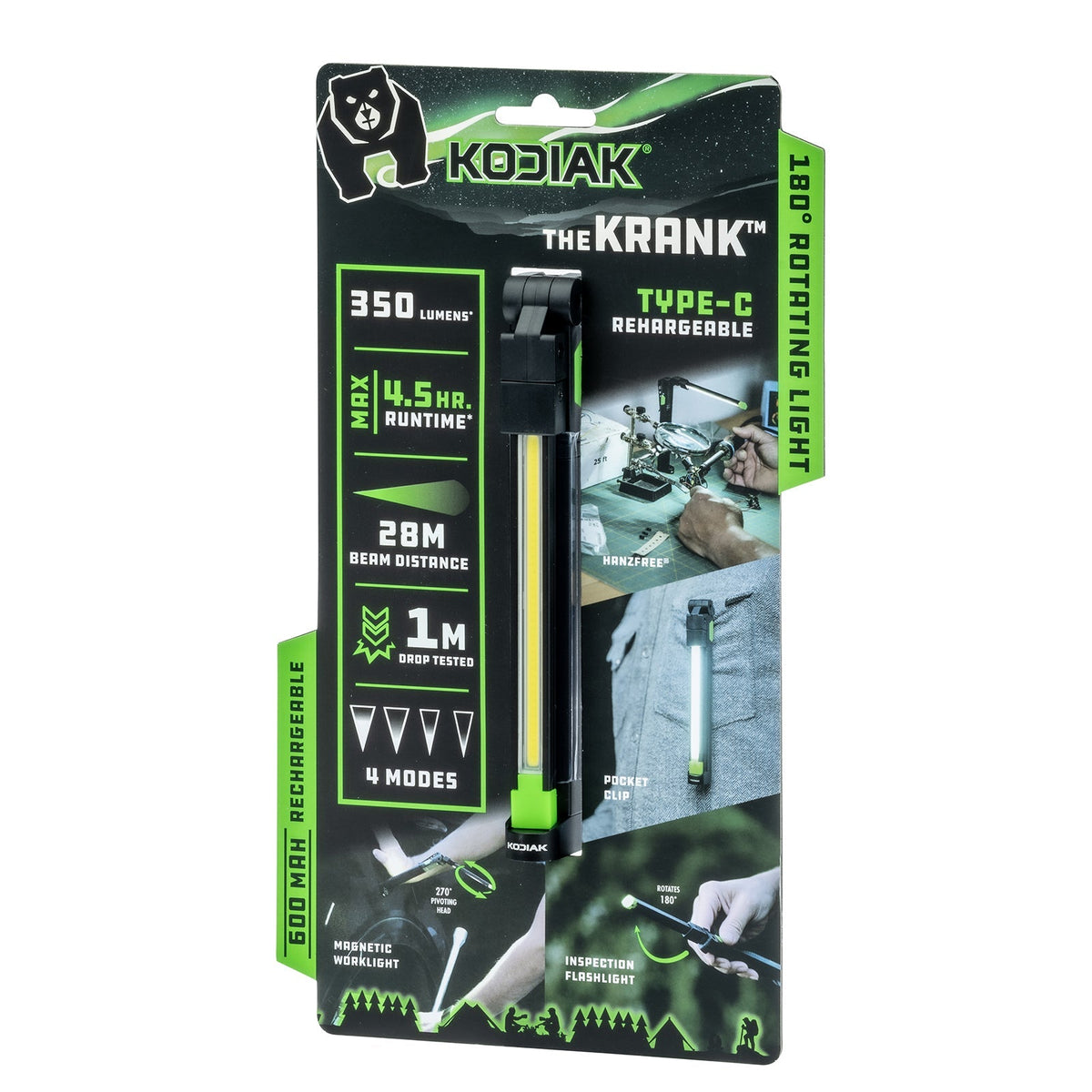 Kodiak® 350 Lumen Krank Rechargeable Slim Rotating Work Light
