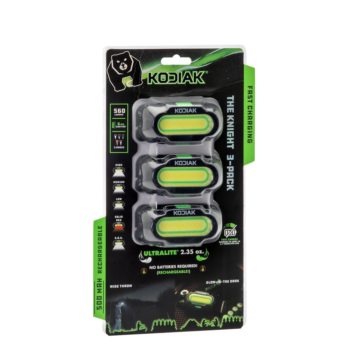Kodiak® Knight Rechargeable 560 Lumen 5 Mode Headlamp 3 Pack
