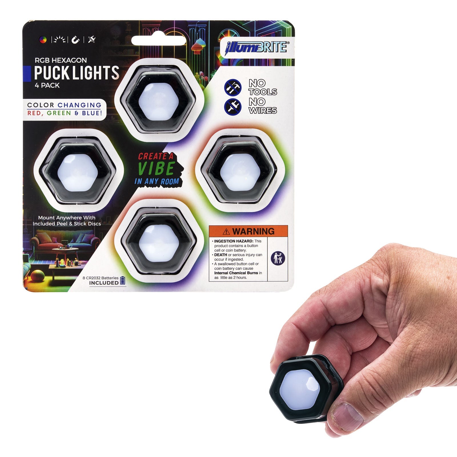 Illumibrite® Color Changing Hexagon Puck Light 4 Pack