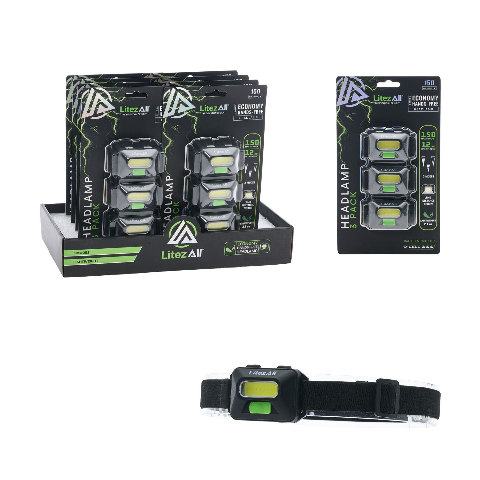 LitezAll® Economy Headlamp 3 Pack 28615 - LA-150LMHL-8-16