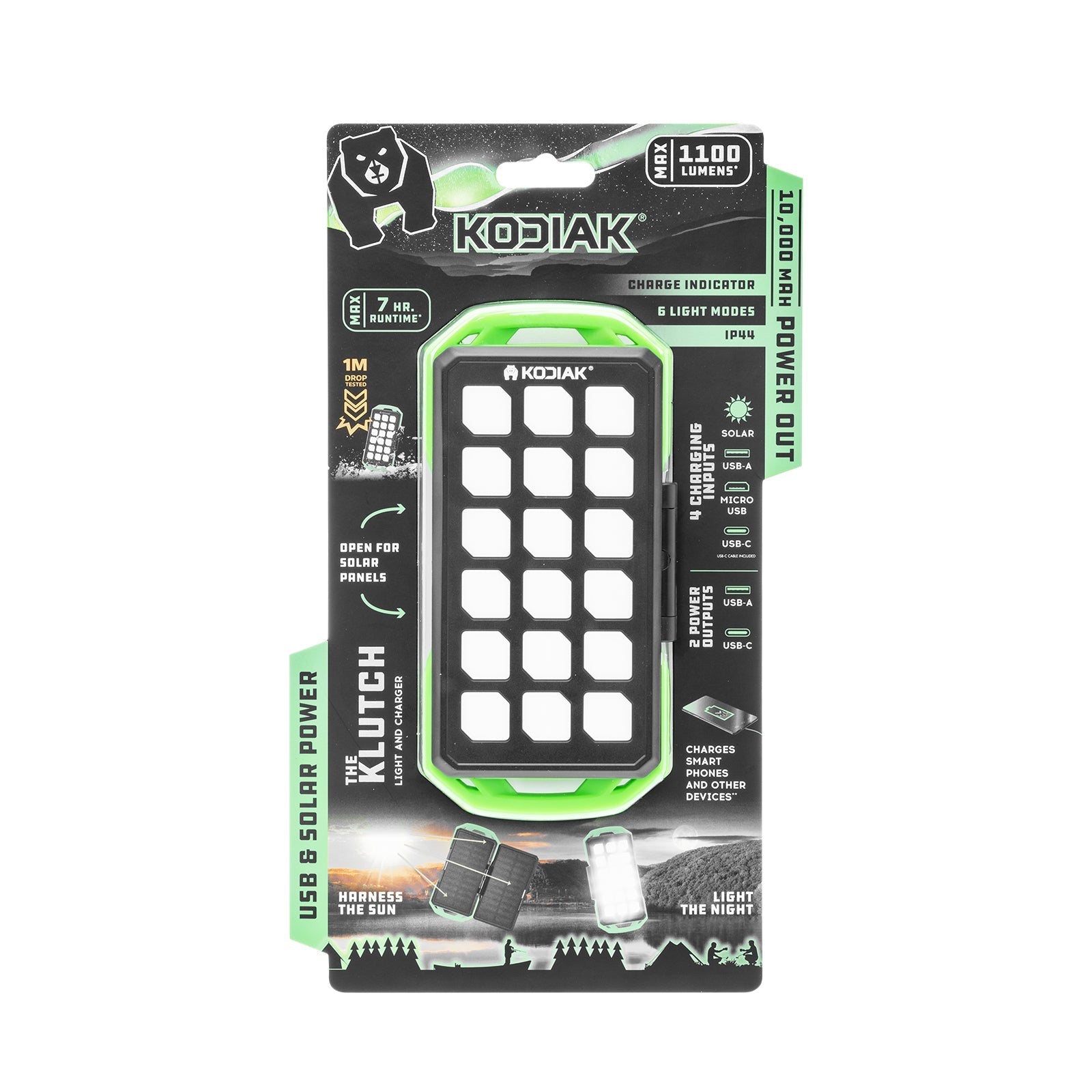 Kodiak® Klutch® 10000 mAh Power Bank with USB or Solar Charging and 1100 Lumen Work Light