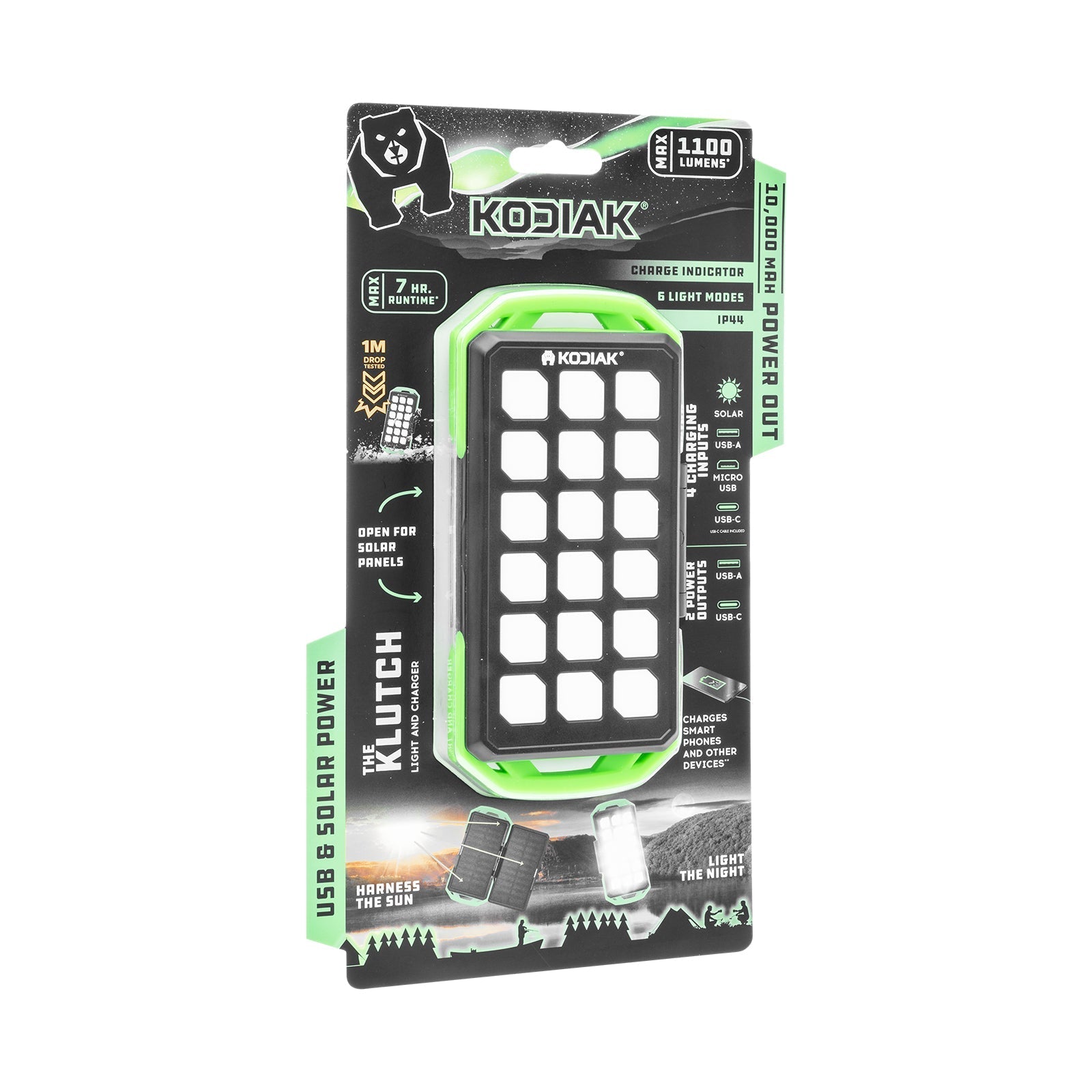 Kodiak® Klutch® 10000 mAh Power Bank with USB or Solar Charging and 1100 Lumen Work Light