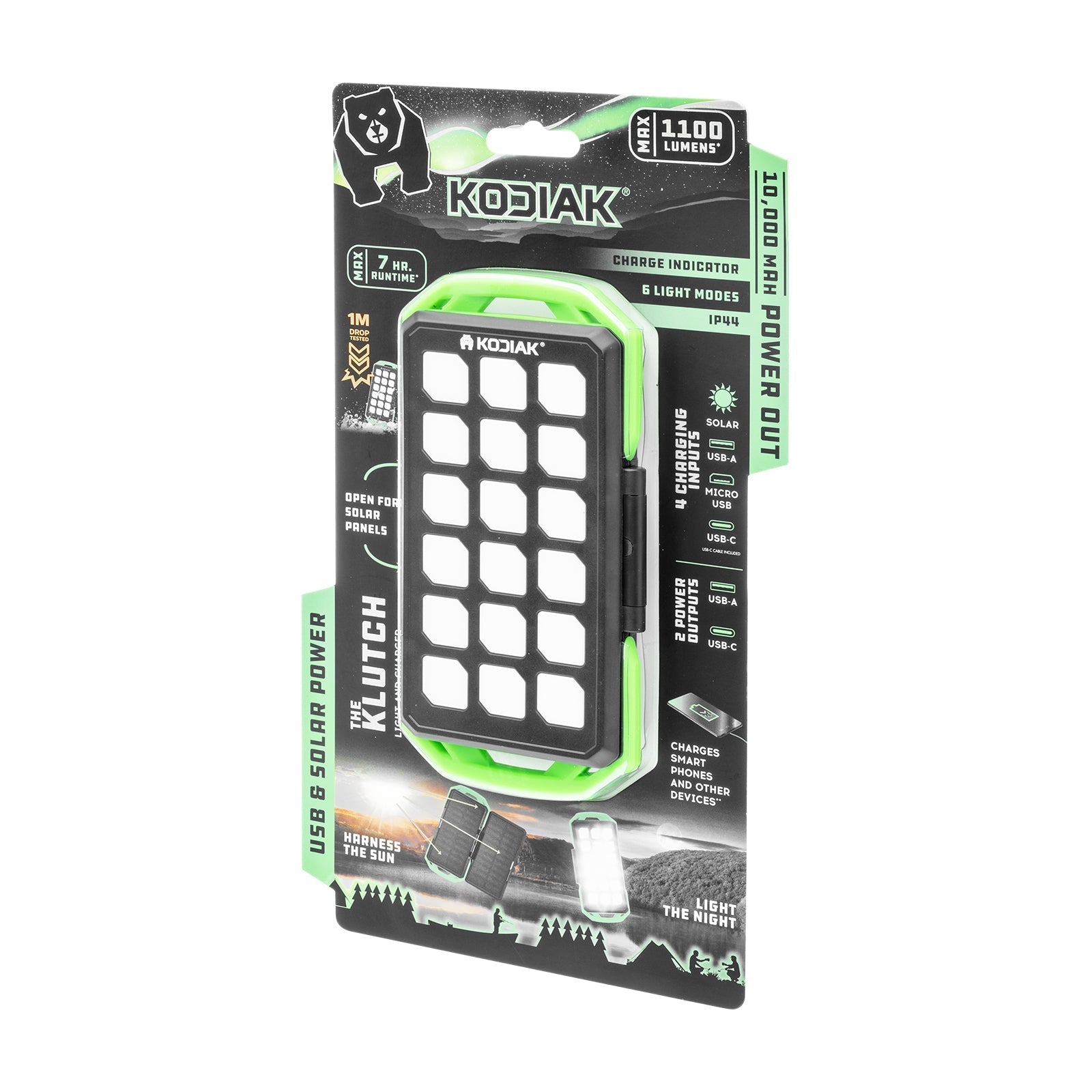 Kodiak® Klutch® 10000 mAh Power Bank with USB or Solar Charging and 1100 Lumen Work Light