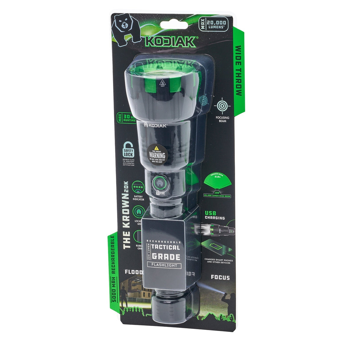 Kodiak® Krown Rechargeable 20000 Lumen Tactical Flashlight with Power Bank