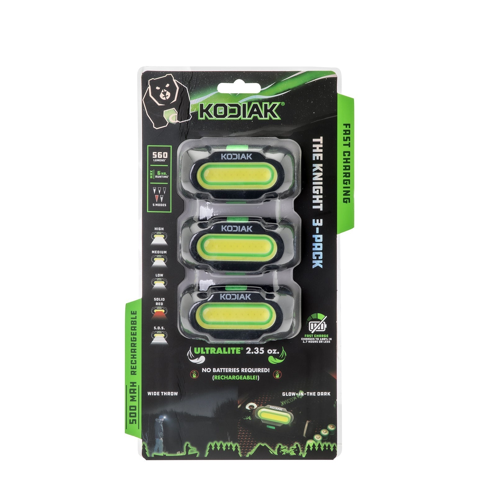 Kodiak® Knight Rechargeable 560 Lumen 5 Mode Headlamp 3 Pack