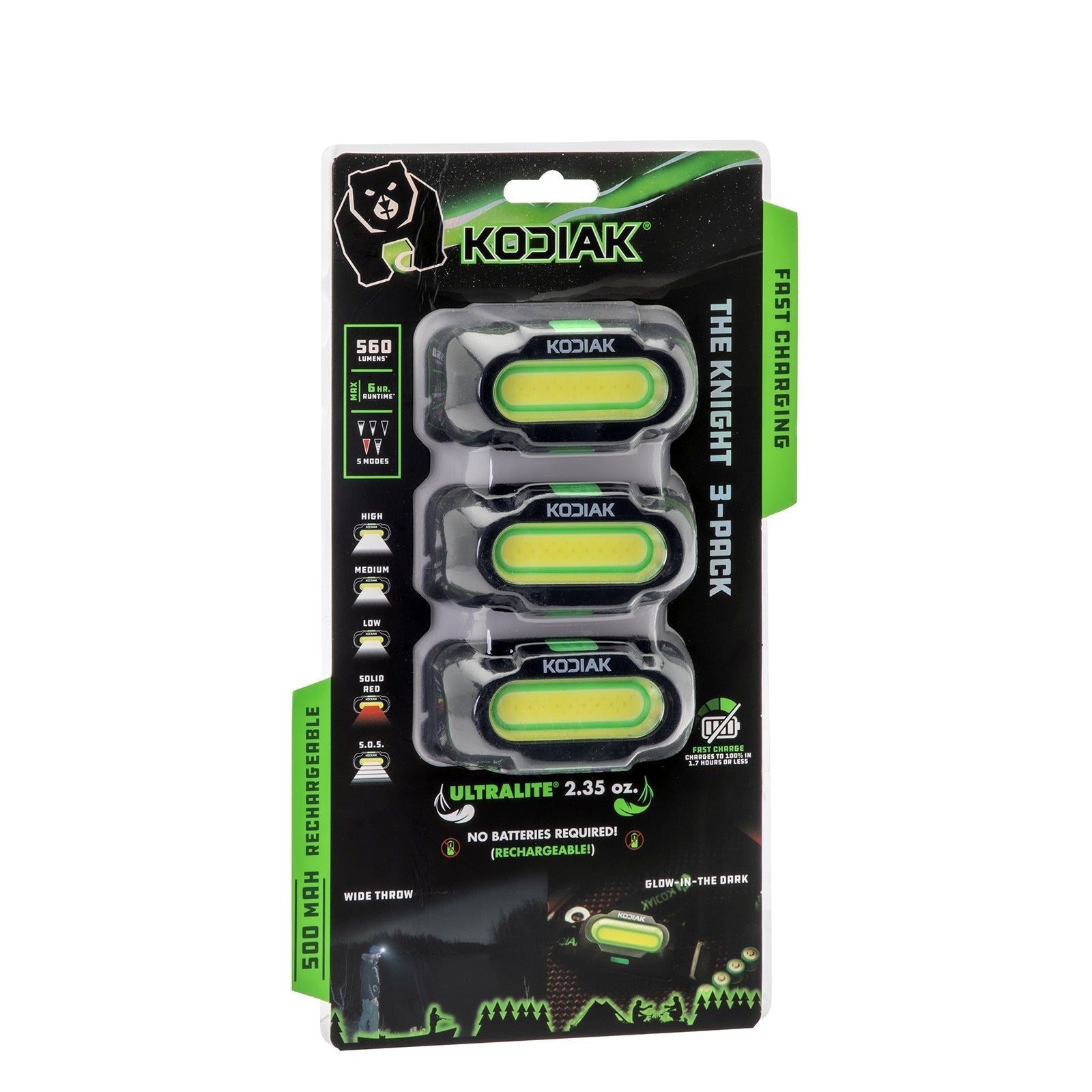 Kodiak® Knight Rechargeable 560 Lumen 5 Mode Headlamp 3 Pack
