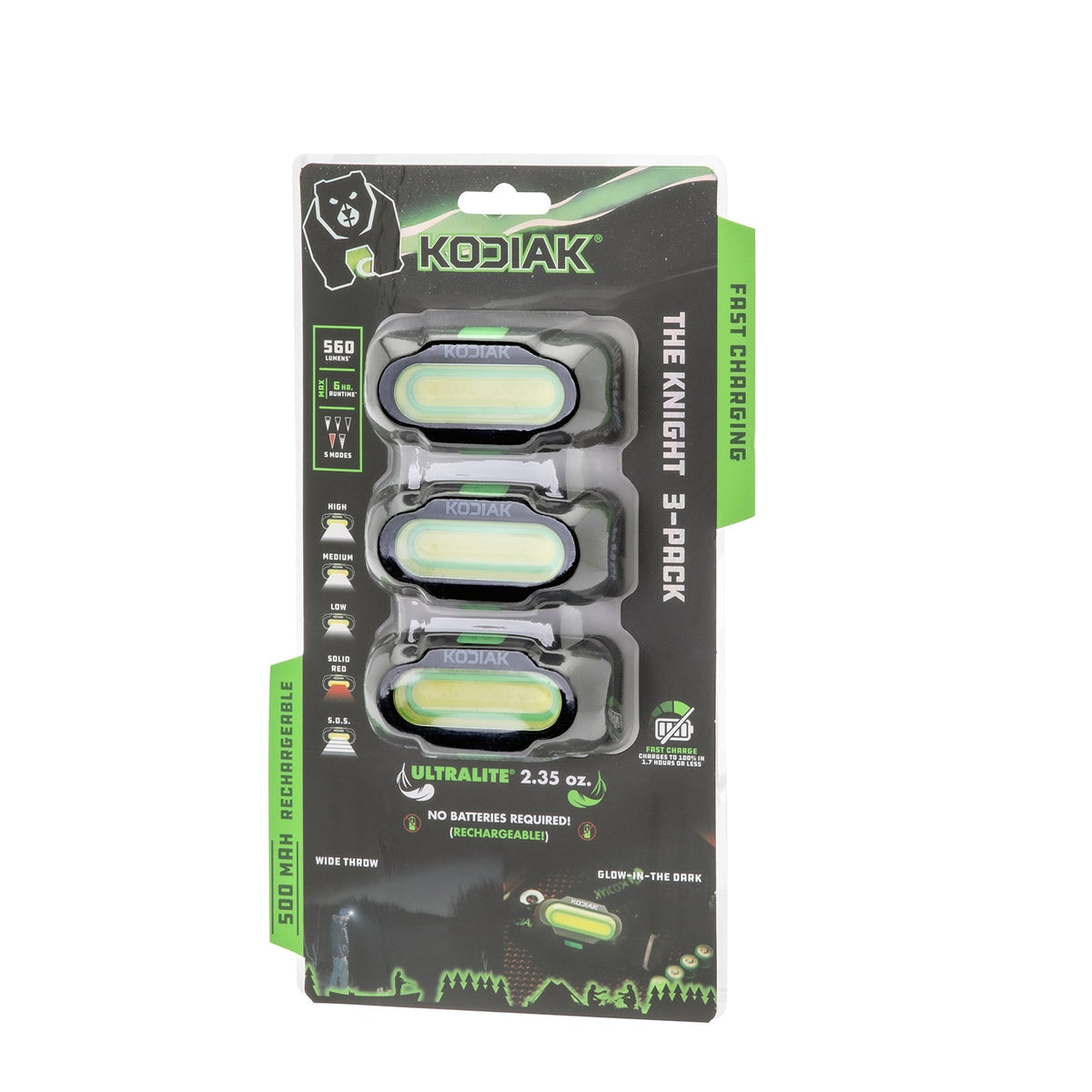 Kodiak® Knight Rechargeable 560 Lumen 5 Mode Headlamp 3 Pack